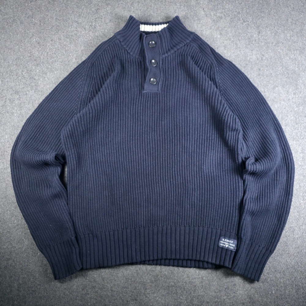American Eagle Sweater Mens XL Navy Blue Quarter Button‎ Mock Neck Ribbed Cotton